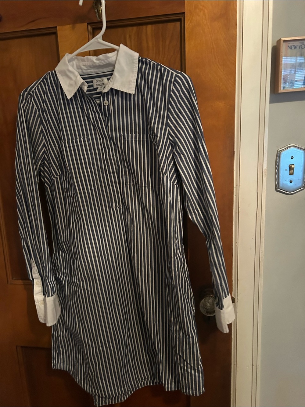 J. Crew Navy and White Vertical Stripe Long-Sleeve Shirt Dress